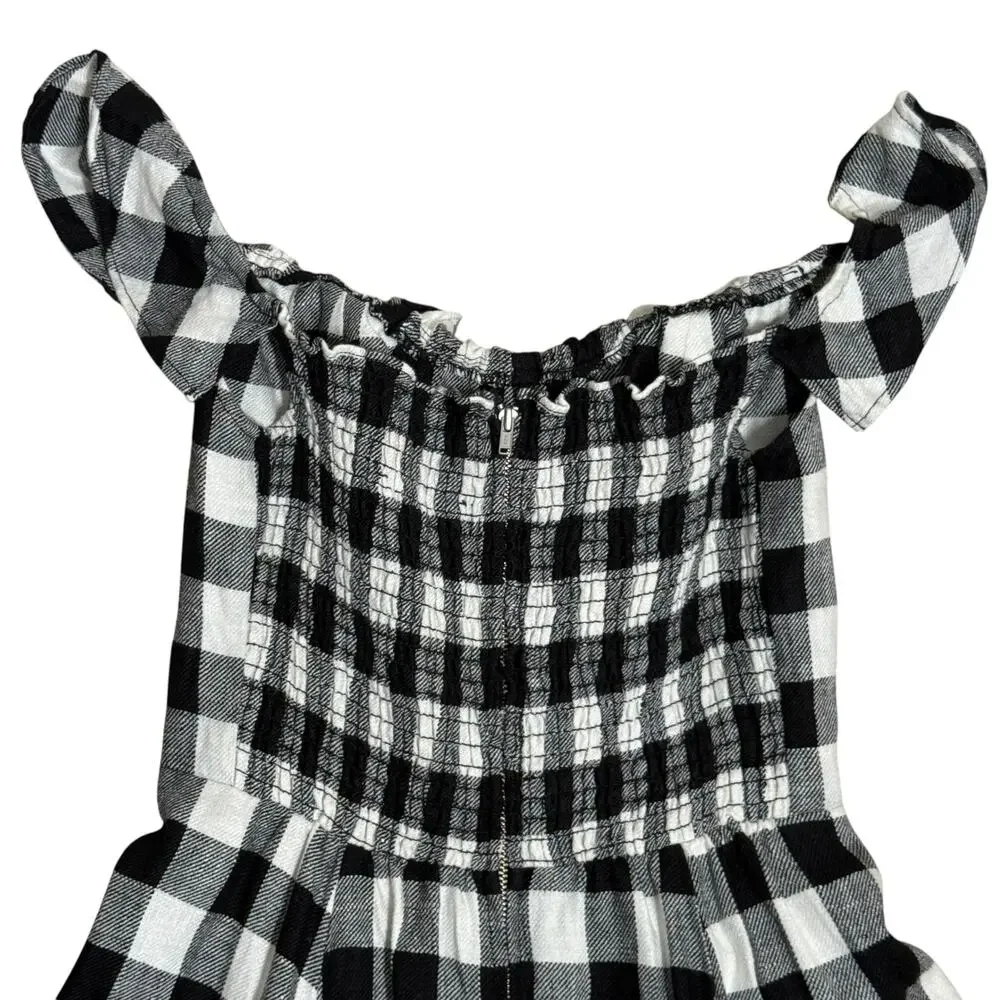 Reformation Hattie Linen Midi Dress Gingham Black White Size 6 Off the Shoulder - Picture 9 of 11